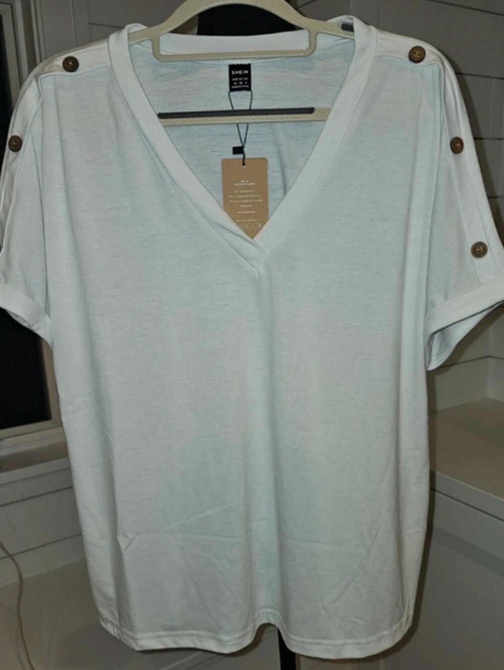 Shein White V-Neck Short Sleeve Tee with Shoulder Buttons